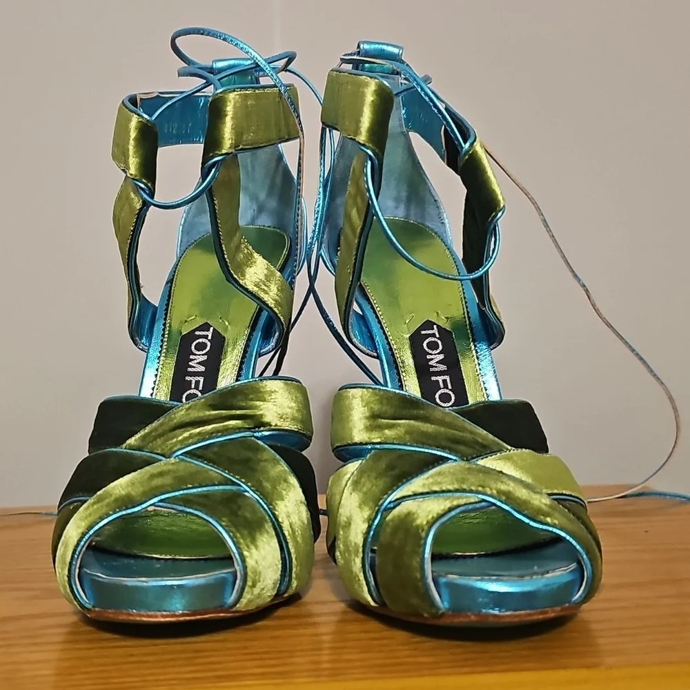 Tom Ford Teal and Lime Green Satin Strappy High Heel Sandals - Picture 3 of 13
